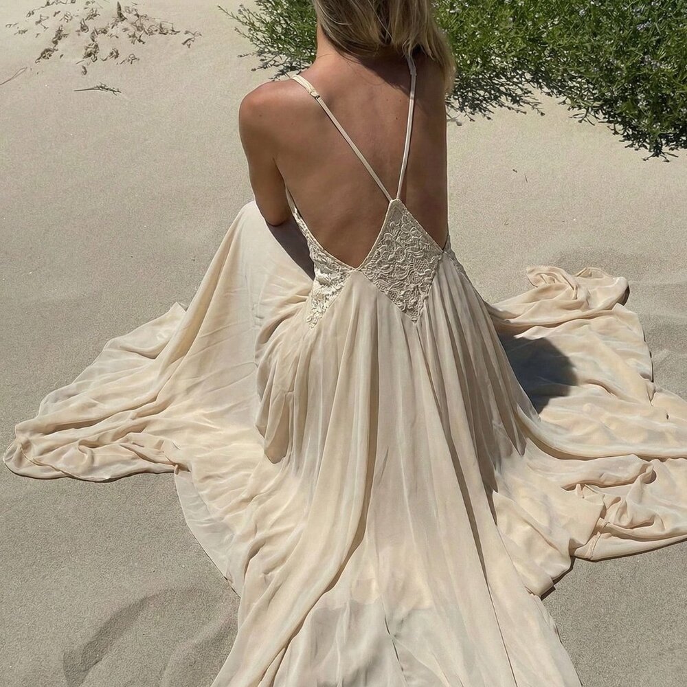 Apricot Elegant Women's Maxi Dress Deep V-Neck Mesh Patchwork Backless A-Line - Picture 3 of 6